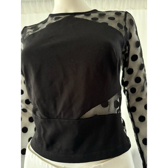 Marciano Women's Top Blouse Polka Dot Mesh Long Sleeve Black Full Zip S - Picture 2 of 8